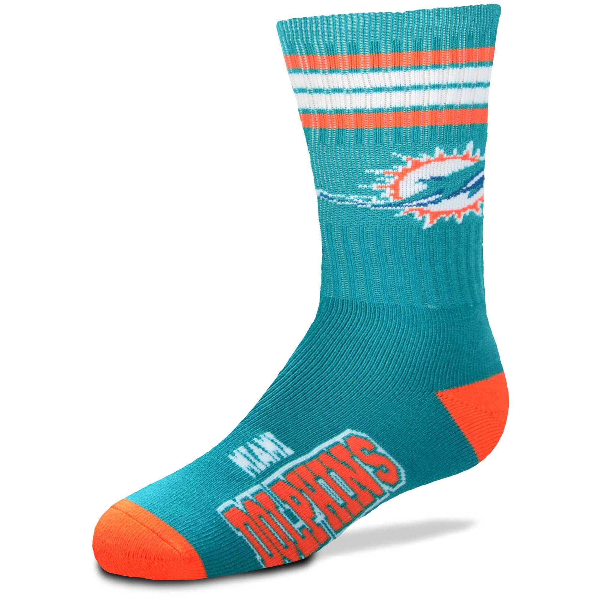 Photo 1 of Youth For Bare Feet Miami Dolphins 4-Stripe Deuce Crew Socks