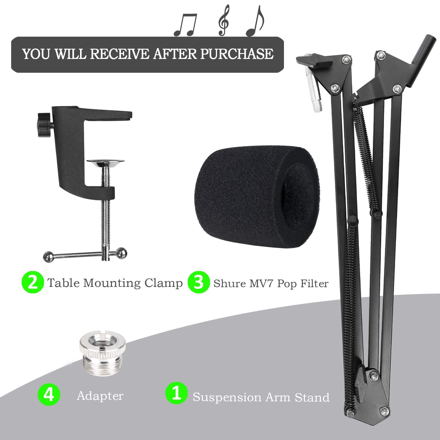 MV7 Boom Arm with Pop Filter - Mic Stand with Foam Cover Windscreen Compatible with Shure MV7 Microphone by YOUSHARES