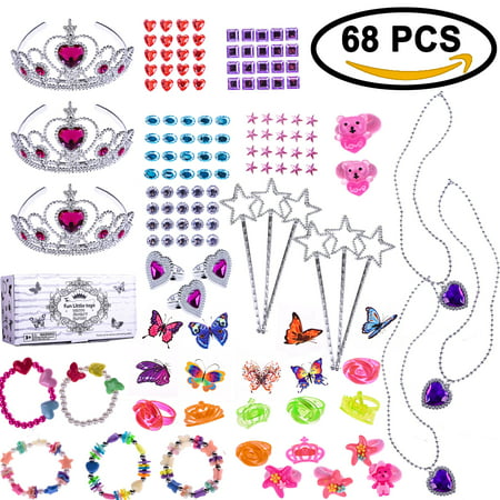 68 PCs Princess Jewelry Dress-Up Accessories Toy Set With Princess Tiara, Necklace, Earrings, Rings, Wand, Bracelets, Pretend Play Jewelry Gift Set for Girls Birthday Party Favor