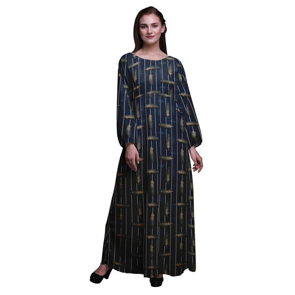 Bimba Polyester Georgette Stripe Feather Printed Womenâ€™s Long Sleeve Elastic Waist MaxiÂ DressÂ Gown-XX-Large Dark Navy Blue