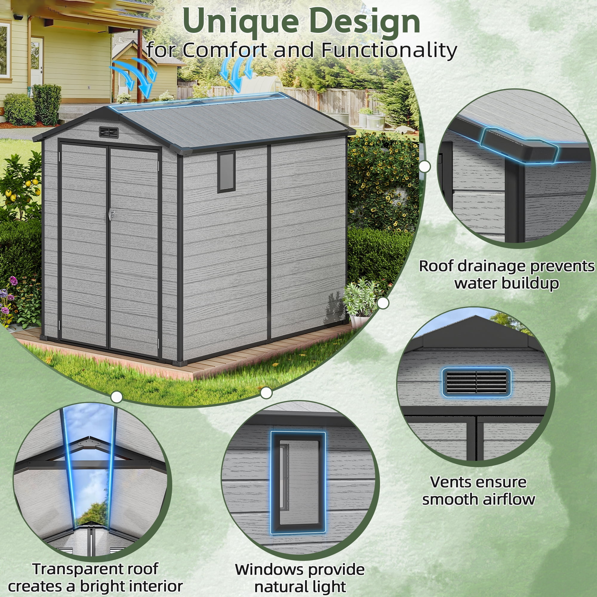 Sylviera 6x8FT Resin Outdoor Storage Shed with Floor, All-Weather Waterproof Plastic Garden Shed for Backyard, Heavy-Duty Storage Shed for Tools, Bikes & Lawn Equipment