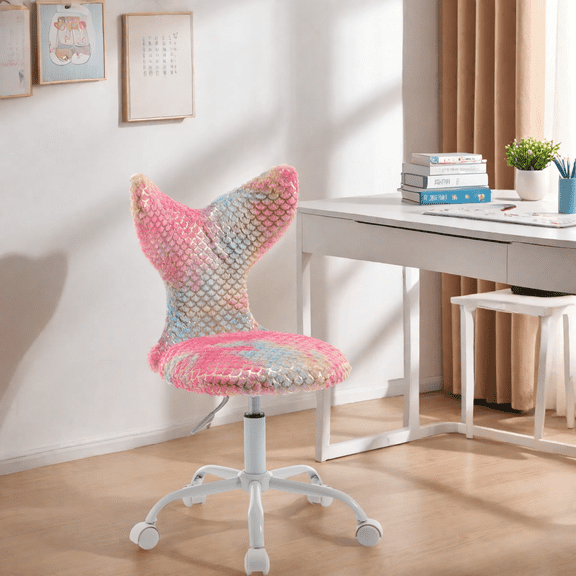 Guyou Mermaid Swivel Kids Chair, Adjustable Height, Faux Fishtail Back, Rollers, Bright Red Scales