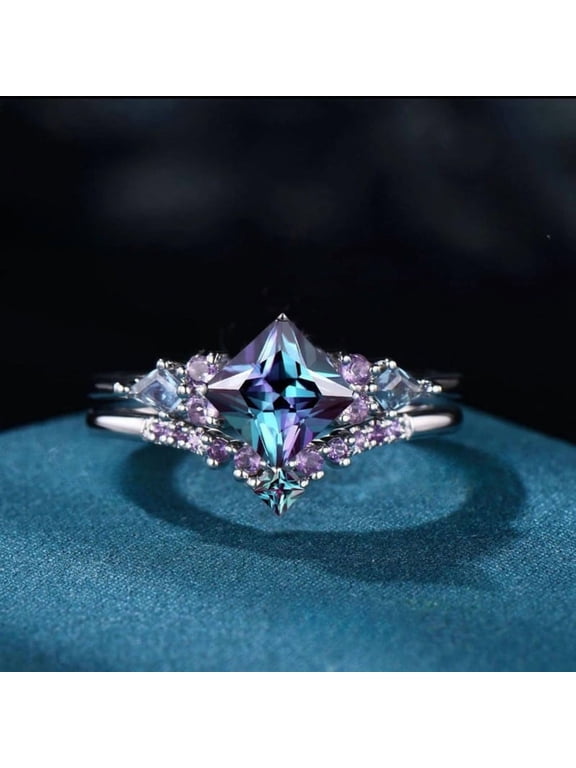 Unique Alexandrite Bridal Engagement Ring Set in 925 Sterling Silver - Anniversary Ring For Wife - Christmas Ring For Her