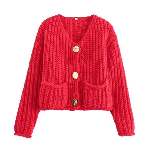 Fgnfyis Women's Long Sleeve Cardigan Sweater Jacket with Metal Buttons and Pockets Solid Color Lightweight Knit Top Cardigan Sweaters for Women Red S