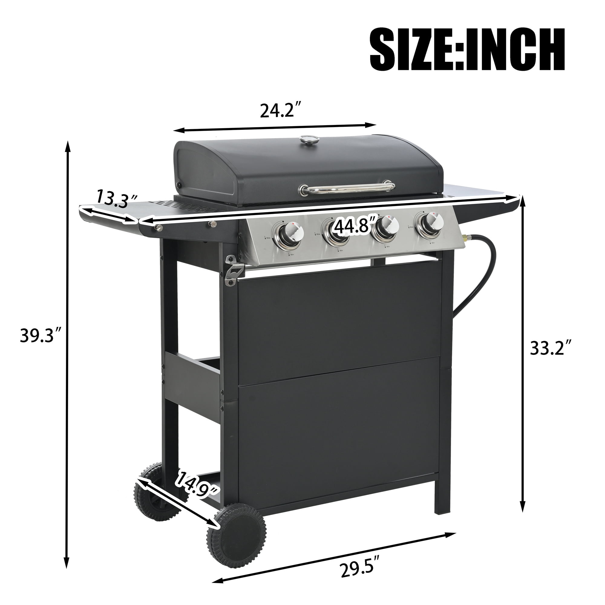 Minyam 4-Burner Propane Gas Grill with Side Shelves and Wheels, Stainless Steel