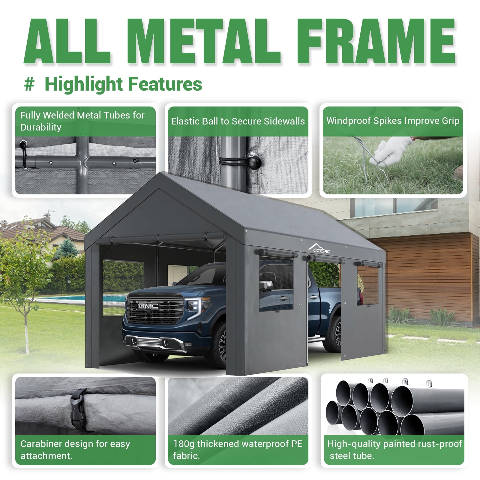 Acepic Carport 10x20ft Heavy Duty Carport Features Roll-up Windows & Doors, Portable Garage with UV Resistant Waterproof All-Season Tarp for Car, Truck, Boat