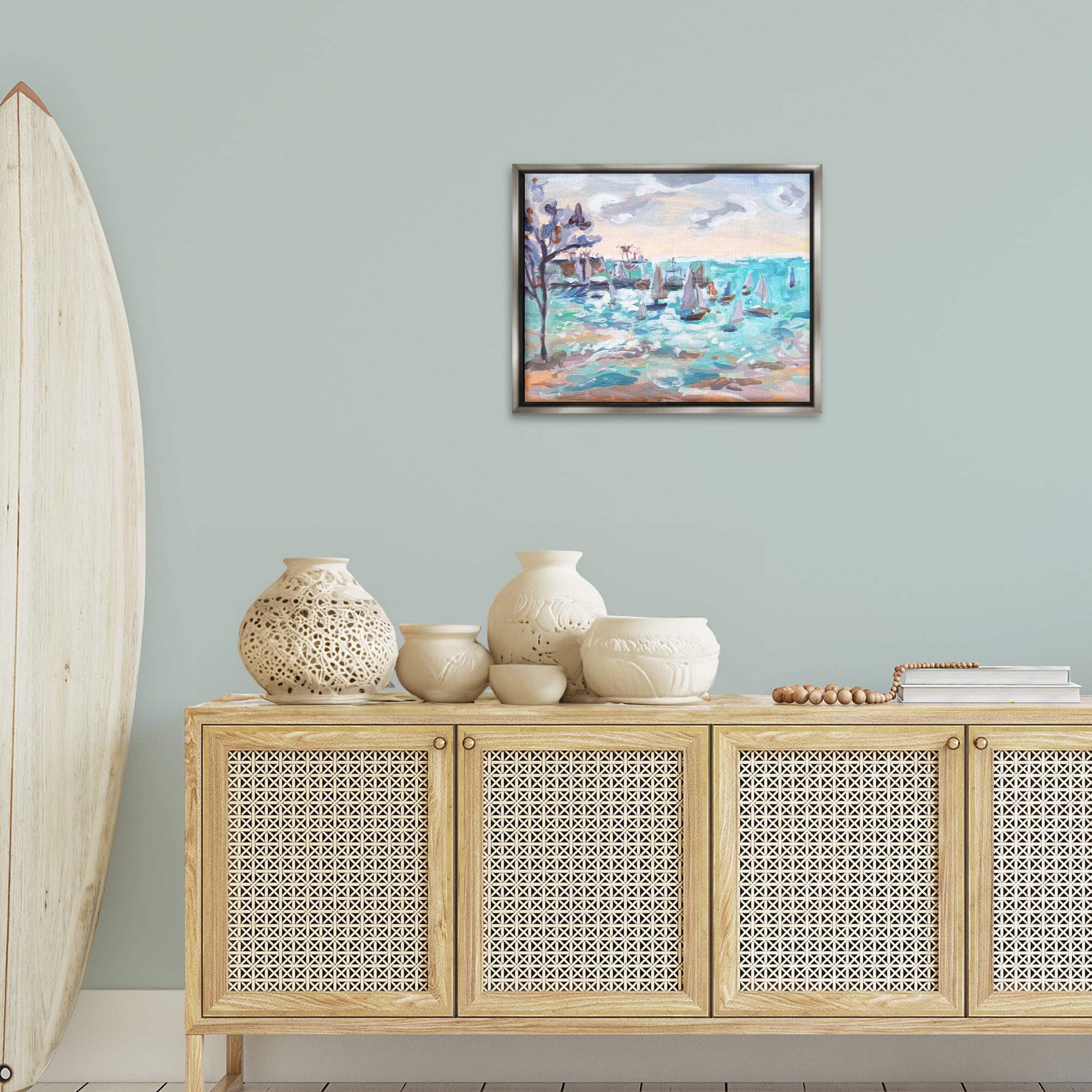 Stupell Industries Sailboat Fleet by Shore Nautical & Beach Painting Gray Floater Framed Canvas Art Print Wall Art, 21 x 17