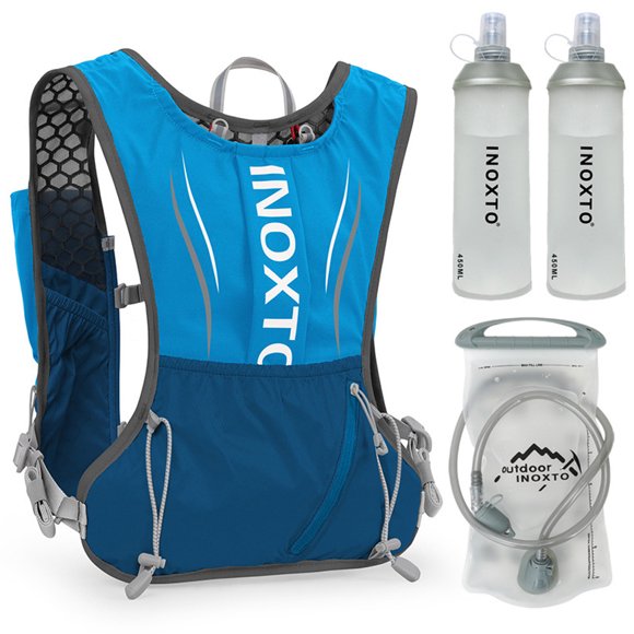 INOXTO Lightweight 5L Hydration Backpack Set in Blue with 1.5L Water Bladder and Two 450ml Soft Bottles - Ideal for Cycling, Hiking, and Outdoor Adventures
