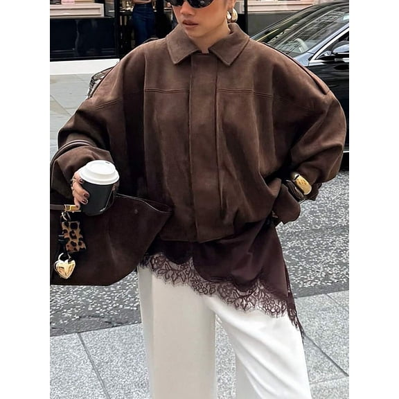 Women Brown Suede Bomber Jacket Relaxed Fit Long Sleeve Zip Front Pocket