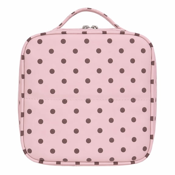 PU Polka Dot Makeup Bag with Mirror Large Capacity Multi-Compartment Foldable Travel Cosmetic Organizer, Pink