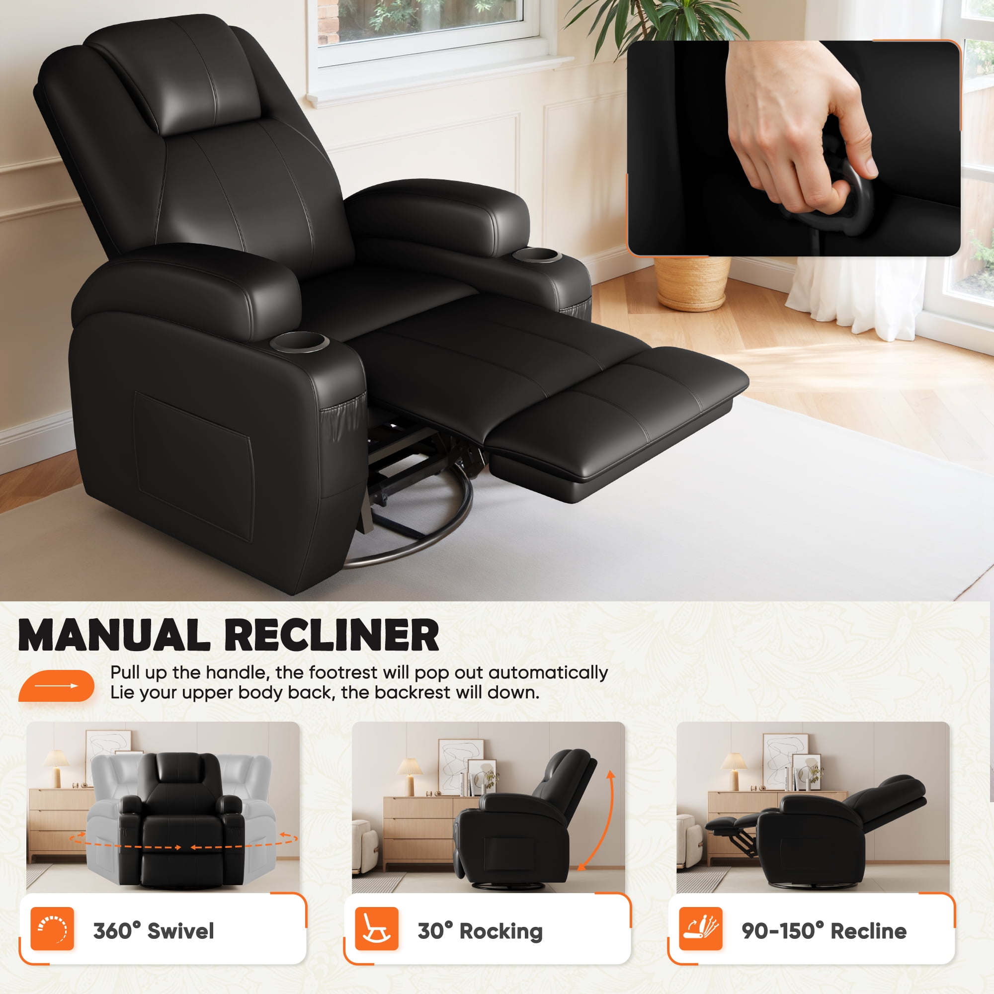 Furmax 360° Swivel Rocking Chair Power Massage Recliner With nursing Needs Oversized Furniture For Living Room,,PU Black