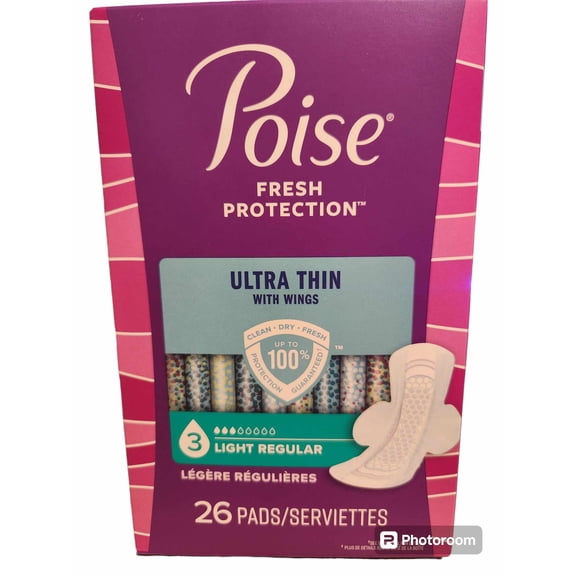 Poise, Ultra Thin Incontinence Pads with Wings Light Absorbency Bladder Control Pads, 26 Count