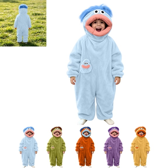 Silly Goofy Onesie for Kids- Frog Onesie Funny Monster Pajamas Fleece Jumpsuit Hooded 2026 Fashion Cozy Relaxed Fit Plush Loungewear,with shoe cover (No Comb) Blue 6-7 Years