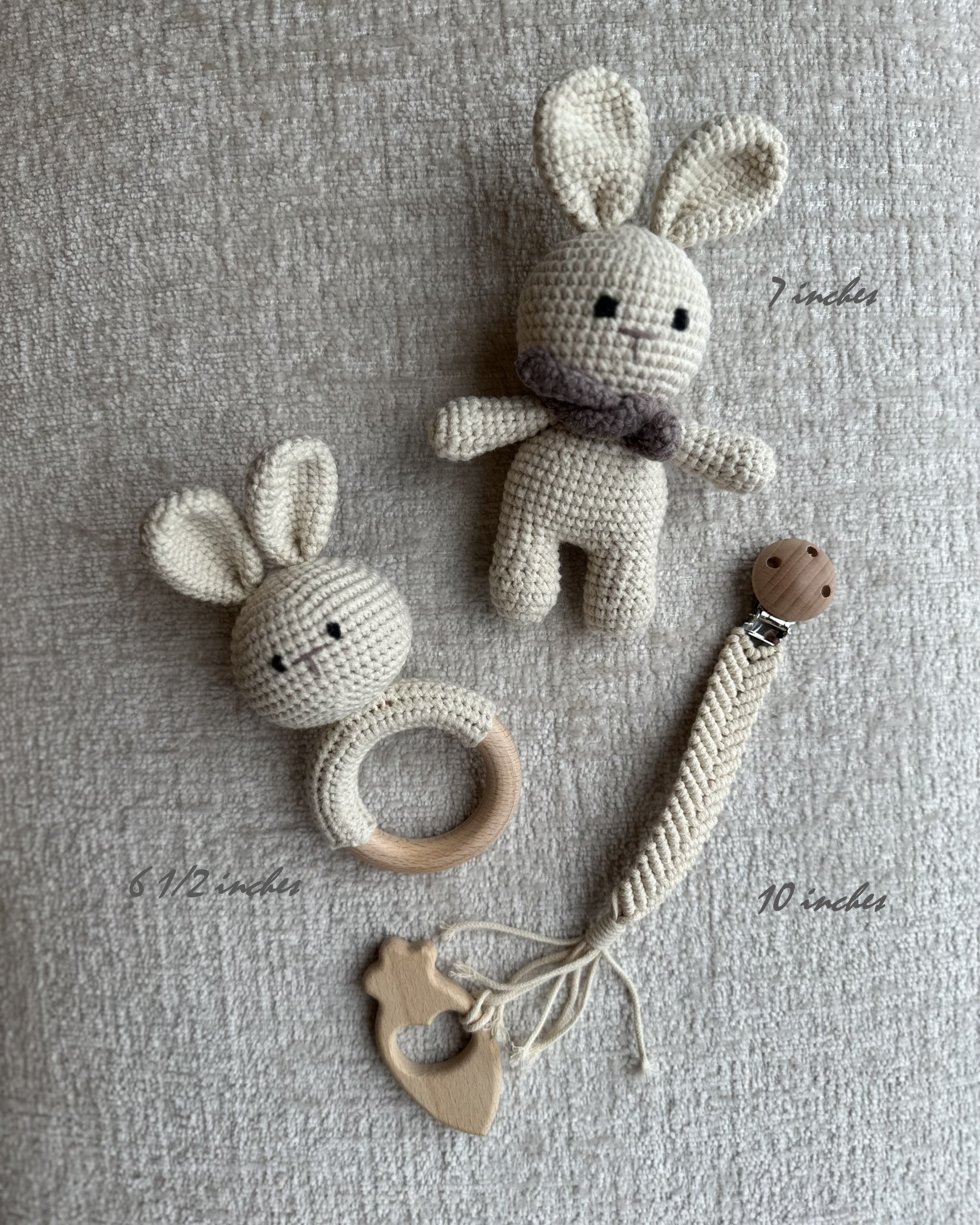 Organic Cotton Handmade Crotchet Bunny Rattle, Toy, teether and Pacifier Holder Baby Shower/Birthday Gift Set., beige