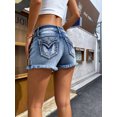 thumbnail image 2 of Women's High Waisted Ripped Denim Shorts, Dark Wash, with Contrast Stitching and Frayed Hem, Distressed Y2K Casual Summer Bottoms, 2 of 7