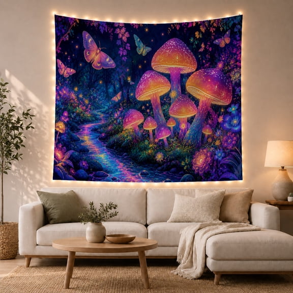 Glowing Mushrooms Beside a Magic Forest Stream, Mystical Fantasy for Mushroom Lovers, Forest Wall Art, Housewarming Gift, Tapestry Wall Hanging for Bedroom and Dorm