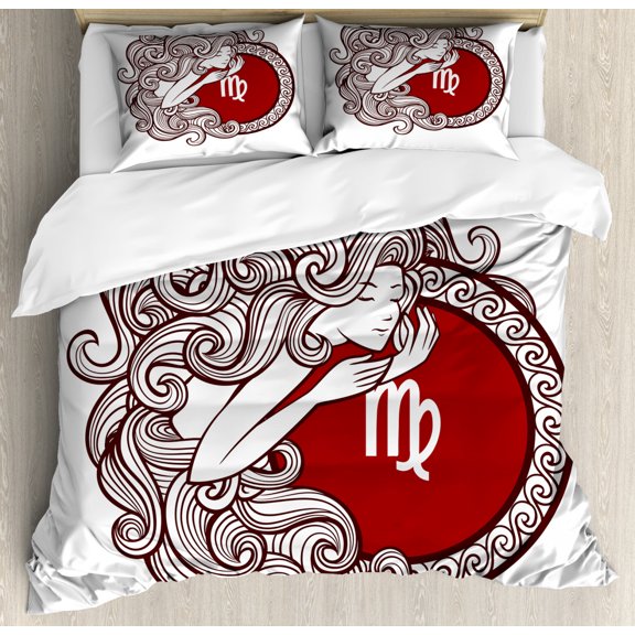 Virgo Duvet Cover Set Queen Size, Vibrant Color Abstract Image Zodiac Sign Long Haired Girl with Symbol of Virgo, Decorative 3 Piece Bedding Set with 2 Pillow Shams, Ruby Brown White, by Ambesonne