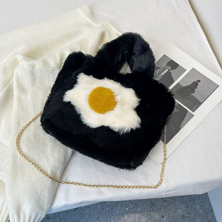 Plush Underarm Bag Fried Egg Design For Ladies Girls Women Black
