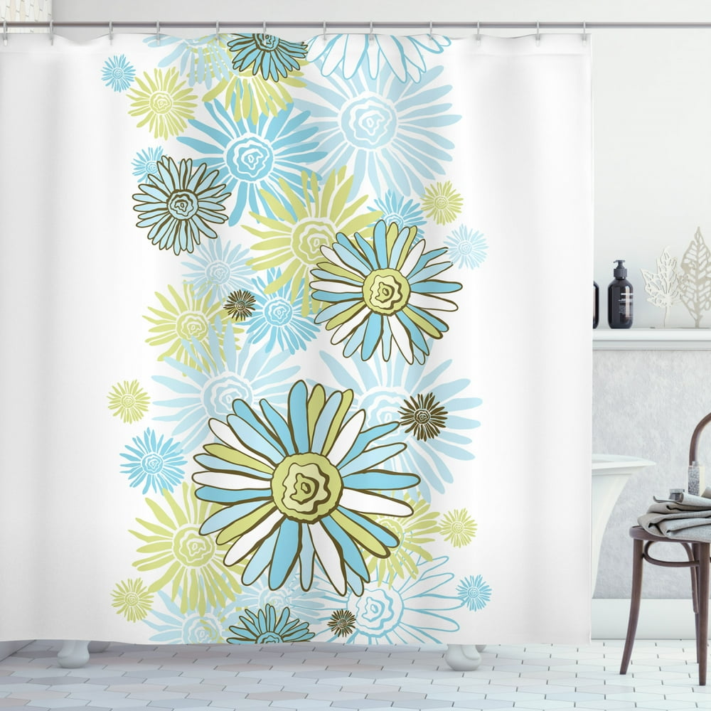 Turquoise Shower Curtain, Chamomiles Flower Blossom ...