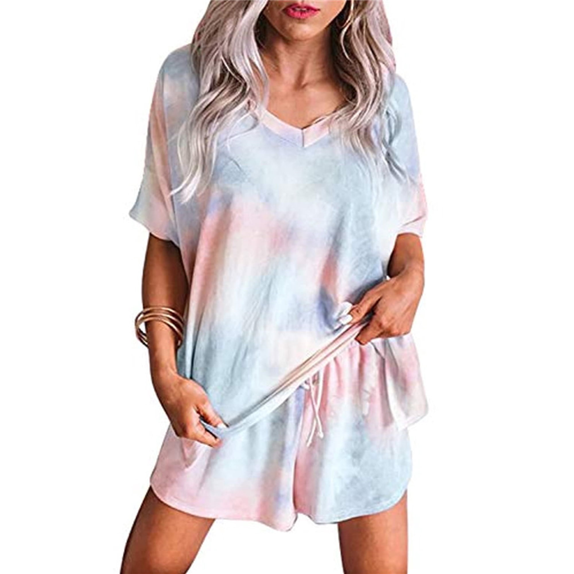 Women Tie Dye Printed Sleepwear Lounge Short Sleeve Pajama Set