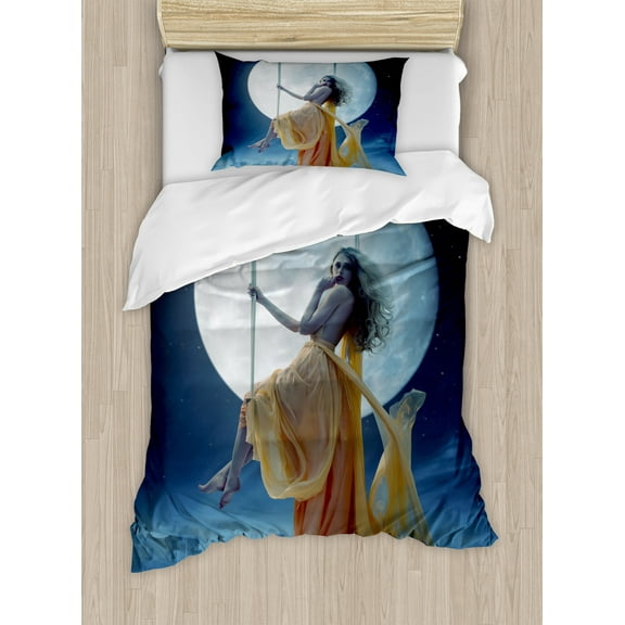 Moon Duvet Cover Set, Yellow Haired Woman on a Swing in the Sky the Moon and the Buildings Print, Decorative 2 Piece Bedding Set with 1 Pillow Shams, Twin Size, Dark Blue and Grey, by Ambesonne