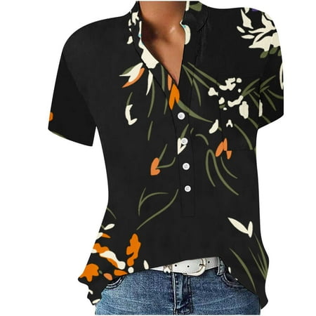 

Awdenio Clearance Womens Shirts For Summer Women s Fashion Summer V Neck Leisure Short Sleeve Pocket Buttons Printing Tops