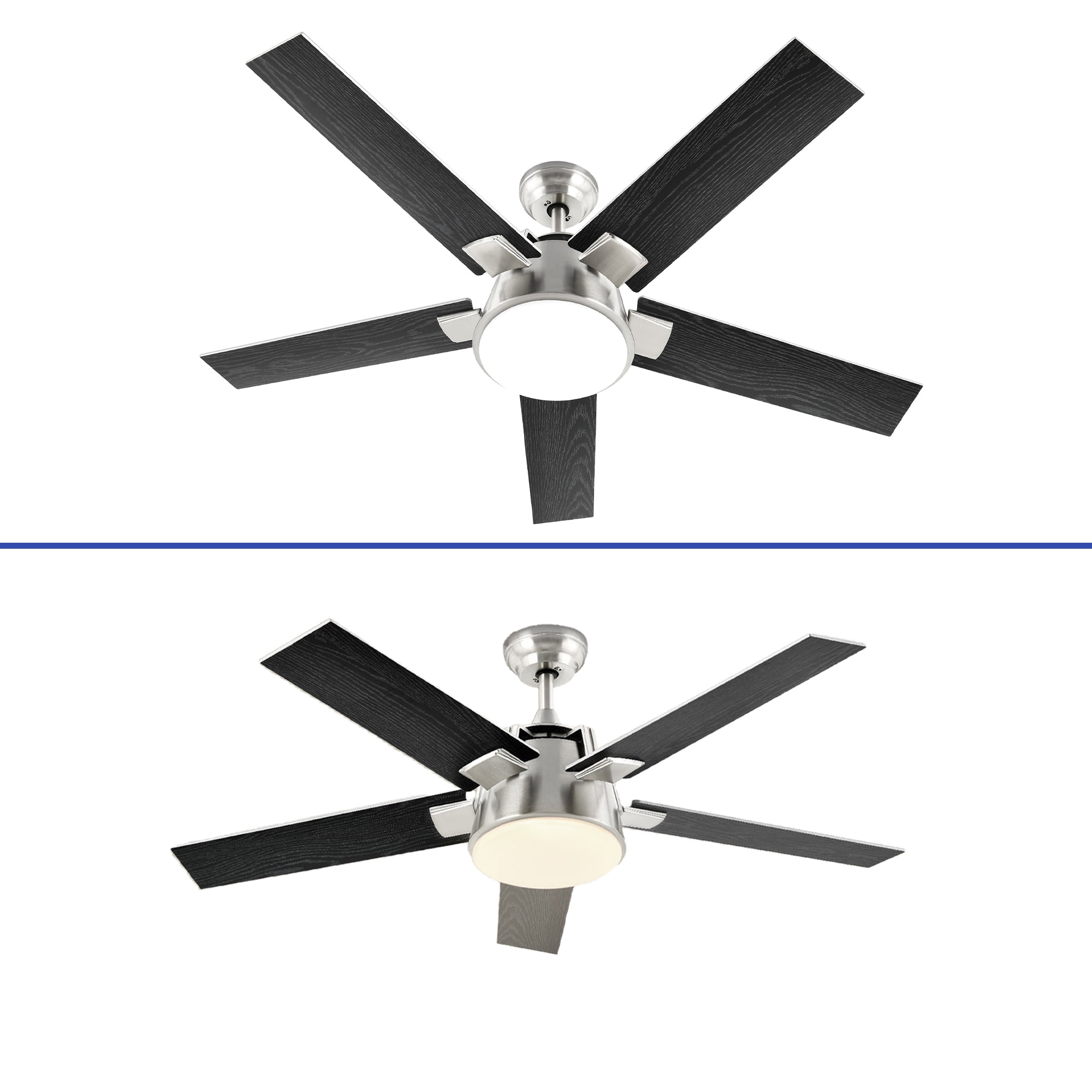 ModFusion 52in Modern Black & Silver Ceiling Fan, 6 Speeds, Quiet Air Reversible Motor, Dimmable LED
