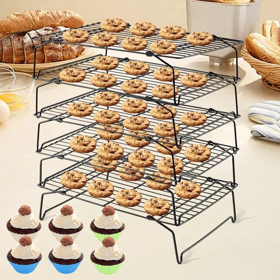 5-Tier Upgraded Collapsible Cooling Rack with Adjustable 3 Setting Design Stackable Roasting Cooking Drying Wire Cooling Rack for Cookies Baking Gifts for Women