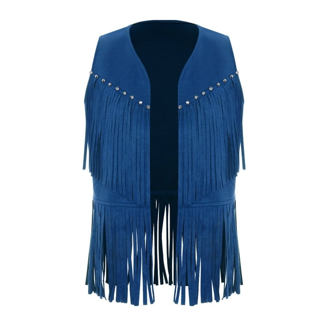 Zaldita Gilet Western Cowboy Rétro Cowgirl Hippie à Franges pour Enfants Rivets Sans Manches Veste Gilet Bleu 12