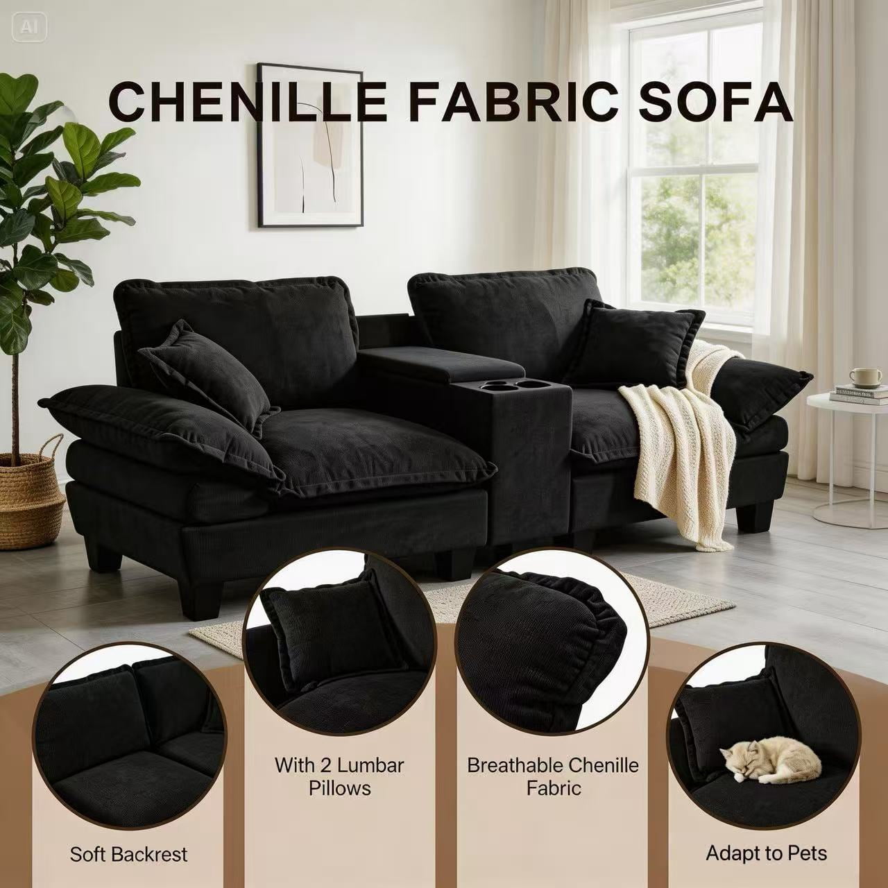AISWORD Loveseat Sofa with Storage Console, USB Charging Ports & Cup Holders, 2-Seater Sectional Couch for Small Spaces, Black