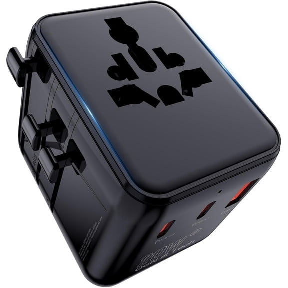 Universal Travel Adapter, 20W GaN Fast International Power Adapter with 2 USB-C & 1 USB-A Ports, All in One Worldwide Plug with Spare Fuse for USA UK AU Asia Europe