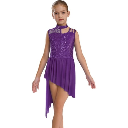 Haitryli Girls Lyrical Dance Dress Kids Floral Lace Sleeveless Rhinestones Irregular Leotard Dress Ballet Dancewear Purple 8