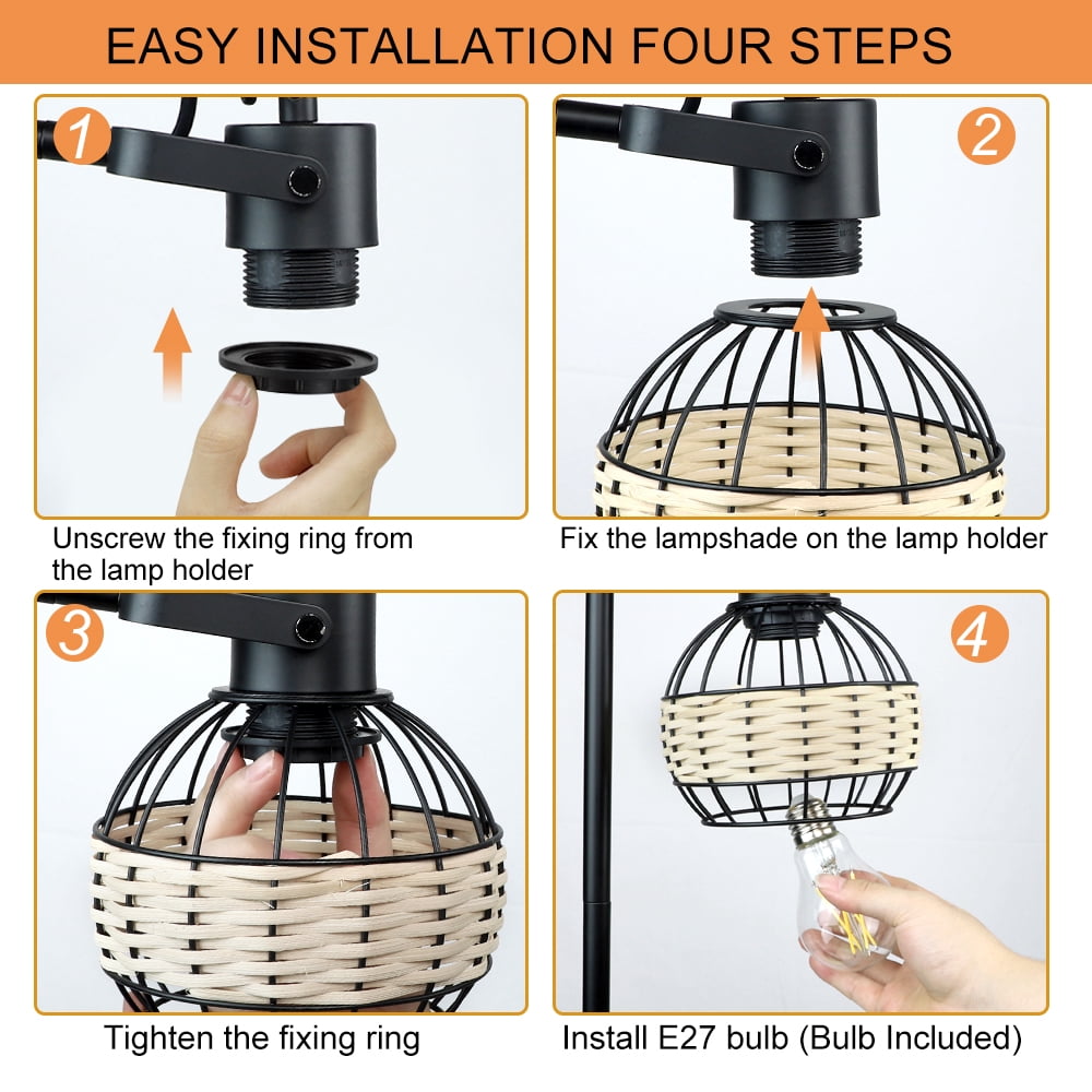 Depuley Wooden Black Table Lamp, 2 USB Ports Adjustable Head Desk Lamp with Rattan Shade, 4W E26 LED Bulb Included