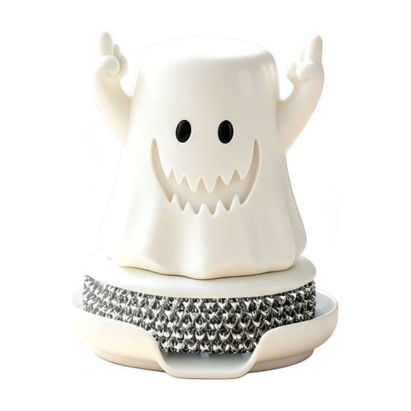 2026 Halloween Outdoor Decorations Cute Rocks On GhostDish ScrubberHolder With Base Funny Halloween Ghost Kitchen Sink Brush Storage Caddy Noveltys Plastic Pan Scourer Organizer For Countertop