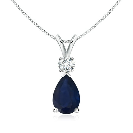 - Valentine Jewelry Gift - Blue Sapphire Teardrop Pendant with Diamond in 14K White Gold (9x6mm Blue Sapphire) - SP0169S-WG-A-9x6