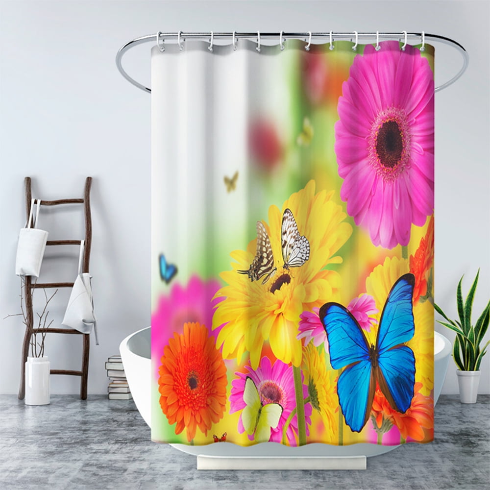Spring Colored Butterflies Fabric Bathroom Shower Curtains & Hooks 71x71" 