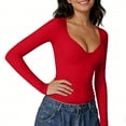 thumbnail image 3 of XPMWRP Womens Long Sleeve Twist Front V Neck T Shirts Slim Fit Trendy Solid Color Spring Casual Tops Tee Red L, 3 of 5