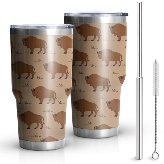 30oz Brown Buffalo Pattern Tumblers Stainless Steel Tumbler with Lid and Straw,Vacuum Insulated Double Wall Travel Tumbler Cups Mug with Cleaning Brush for Coffee,Tea