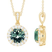 Rosec Jewels Lab Grown Green Sapphire Pendant Necklace with Moissanite Halo (AAAA Quality), 10K Yellow Gold