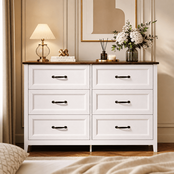 Aiho 6-Drawer Double Dresser - Modern Wood Chest with Anti-Tip Safety, Cutout Handles & Smooth Gliding Drawers | Nursery, Kids & Bedroom Storage - White