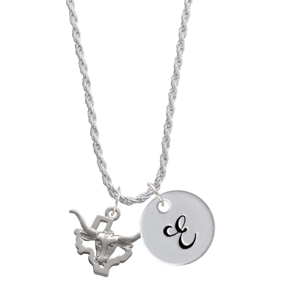 Delight Jewelry Silvertone Longhorn - Texas Silvertone Script Initial Disc - E - Charm Necklace, 20"+3"