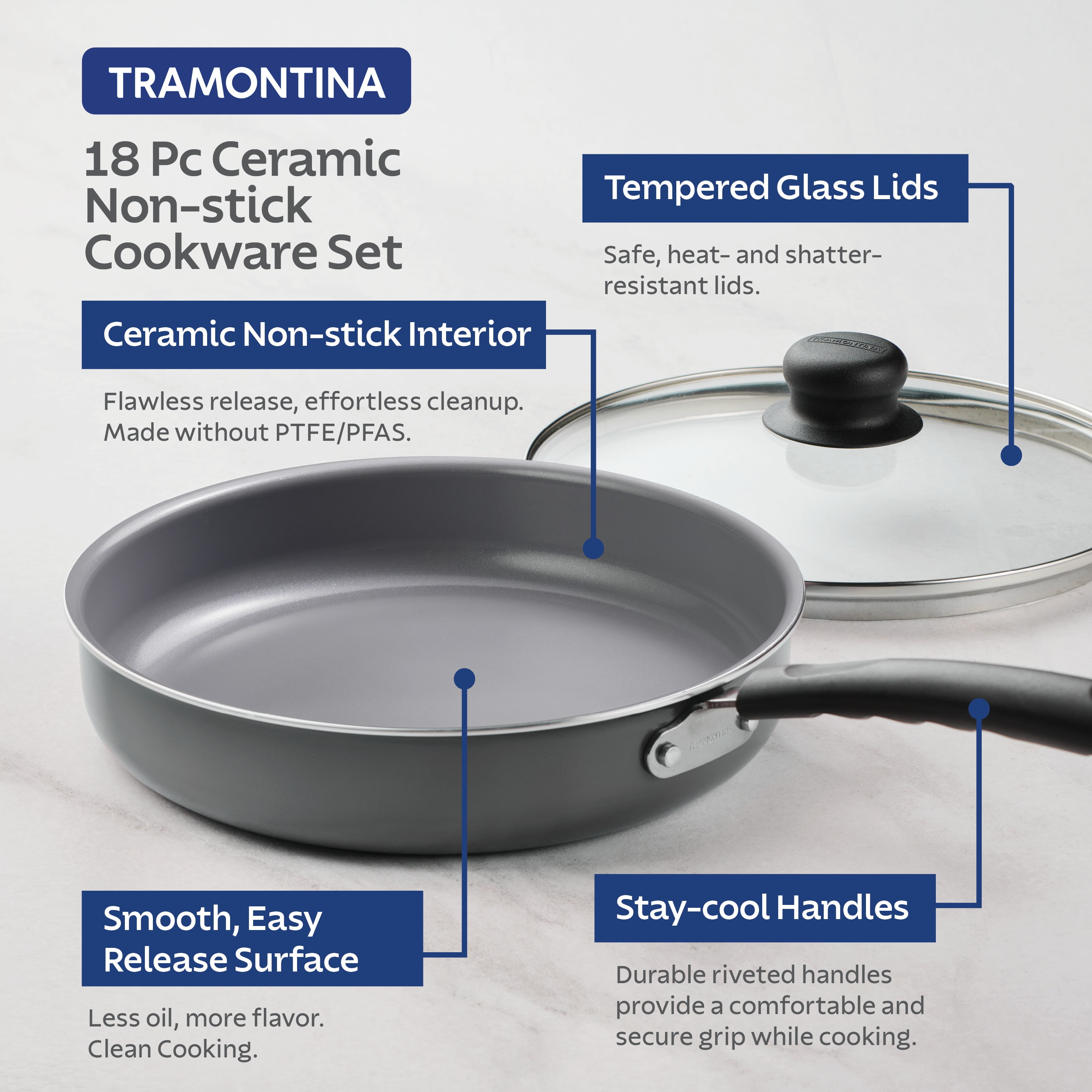 Tramontina Primaware 18 Piece CERAMIC Cookware Set, GRAY