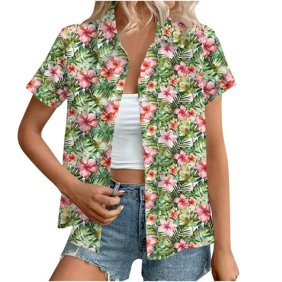 Qulqfy Short Sleeve Beach Casual Loose Fit Plus Size Collared Button-Up Shirts L