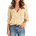thumbnail image 2 of Women's Solid Color Long Sleeve Cutout V-Neck Knitted Cardigan Sweater for Fall and Winter, Cozy and Fashionable, Perfect for Layering,Beige,Size L, 2 of 7