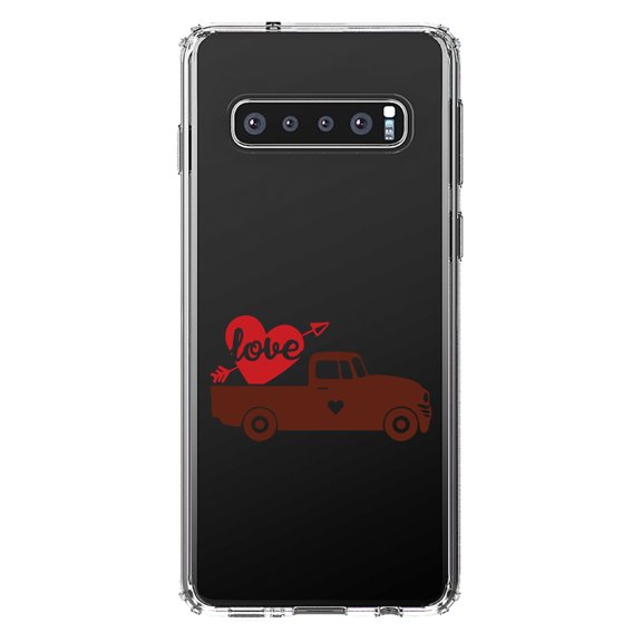 DistinctInk Clear Shockproof Hybrid Case for Samsung Galaxy S10  PLUS (6.4" Screen) - TPU Bumper Acrylic Back Tempered Glass Screen Protector - Valentine Truck Red Love Heart Arrow