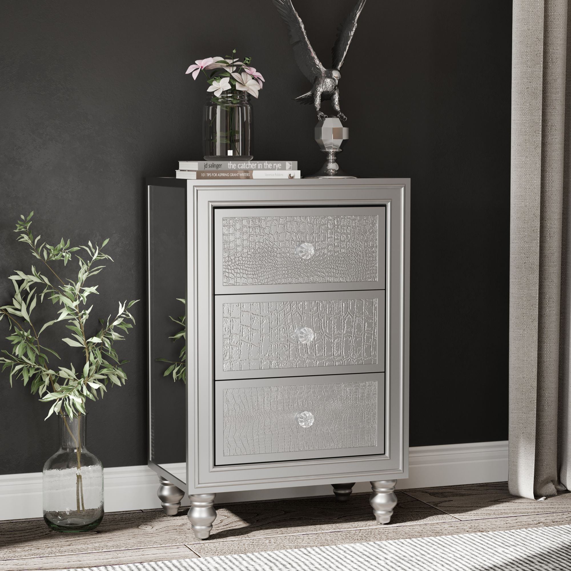 Luxury Mirrored Nightstand 3 Drawers Bedroom End Table Silver Finished