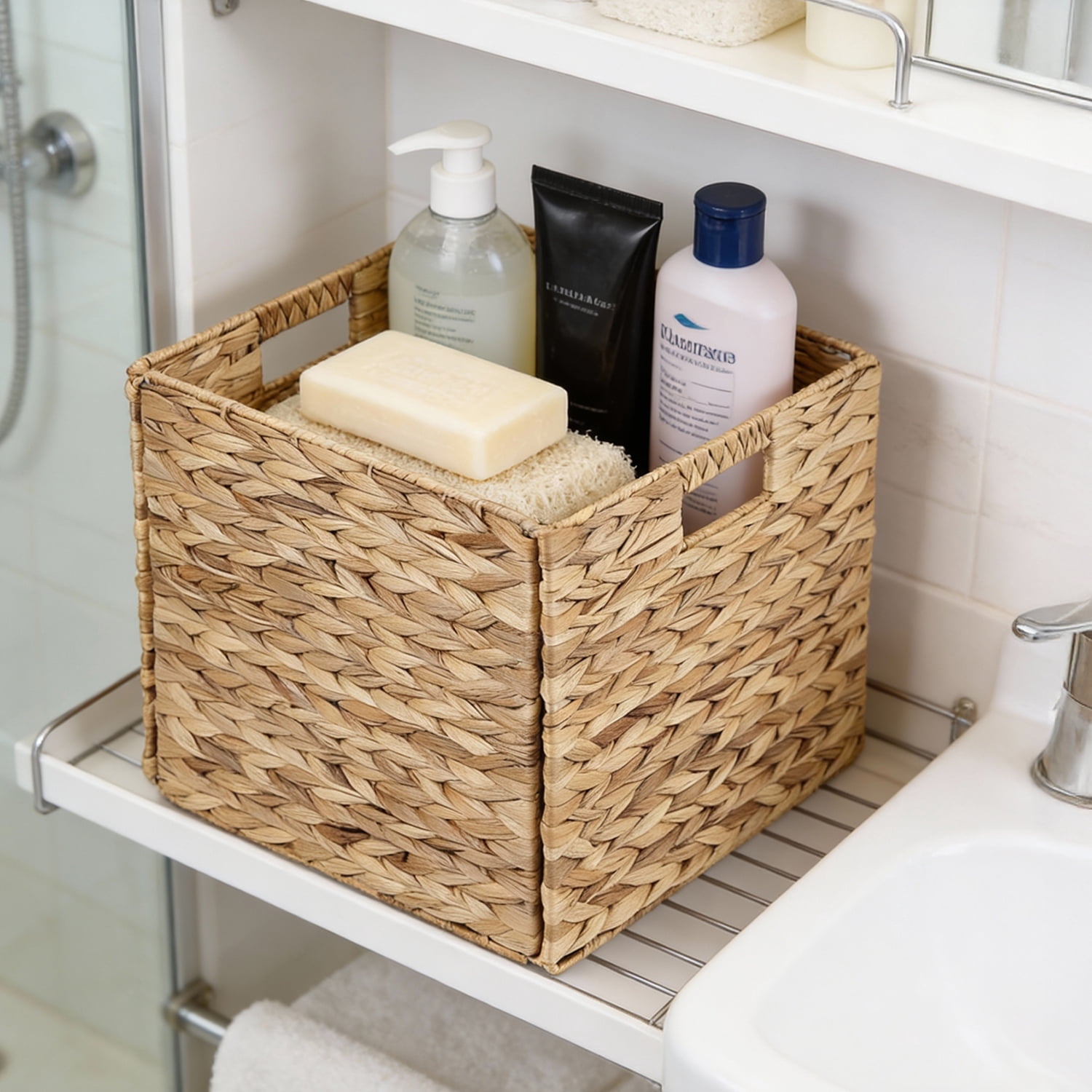 Garnen Wicker Basket 12" x 12",  Woven Storage Basket for Shelves with Handles, Large Foldable Cube Storage Basket Bins