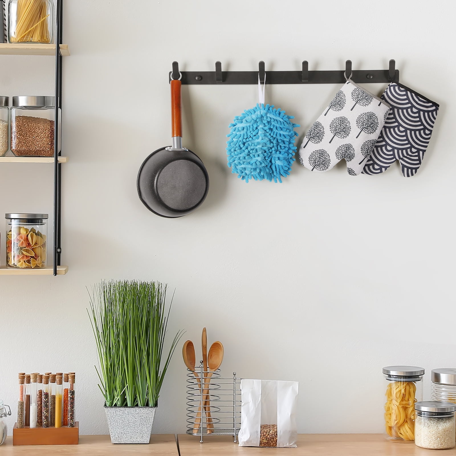 Wall Mounted Metal Coat and Hat Rack, 6 Hooks, Black