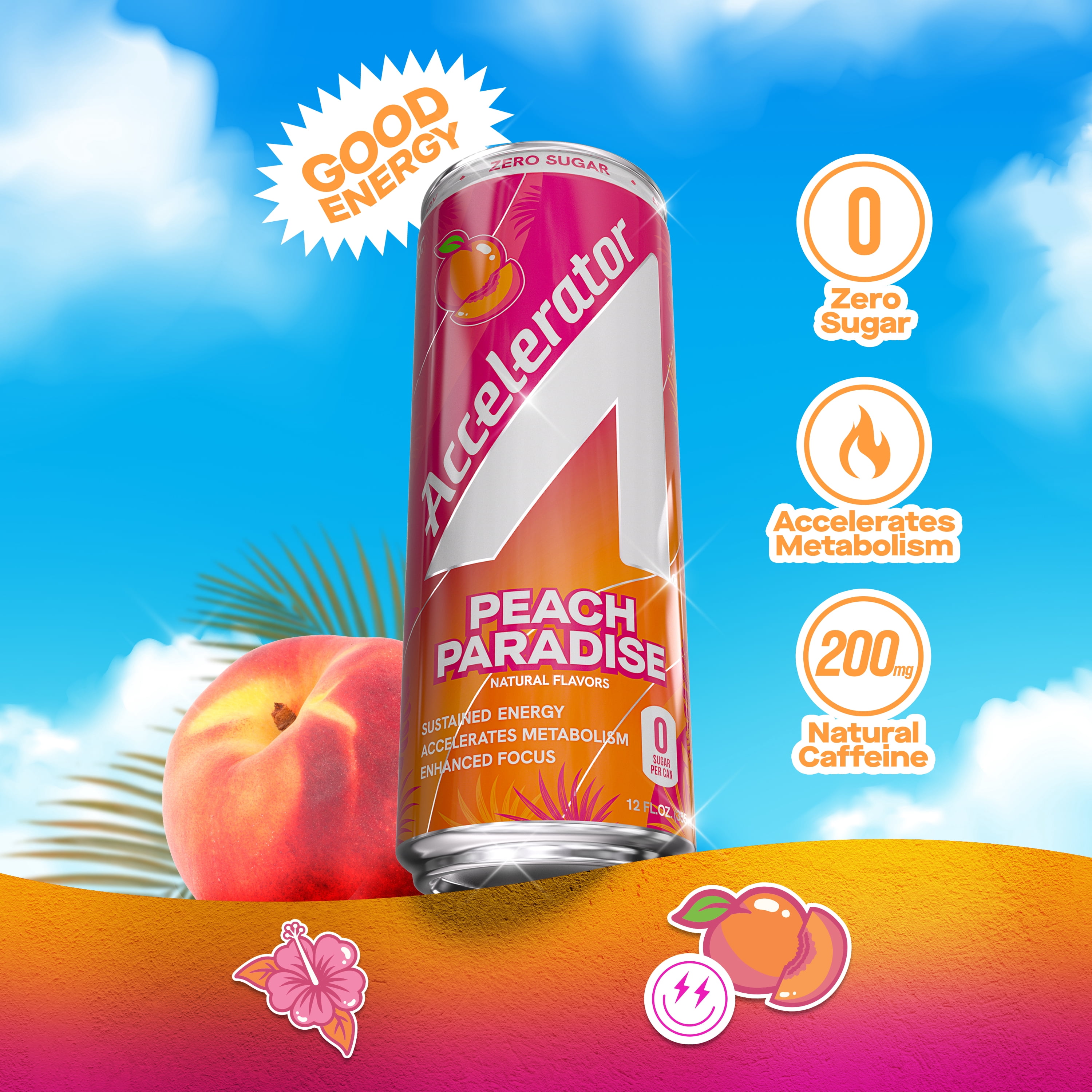 Accelerator Energy Drink, Peach Paradise 12 fl oz can (12 pack), Zero Sugar, Sustained Energy from 100% Natural Caffeine (200mg from Green Coffee Bean & Green Tea extract)