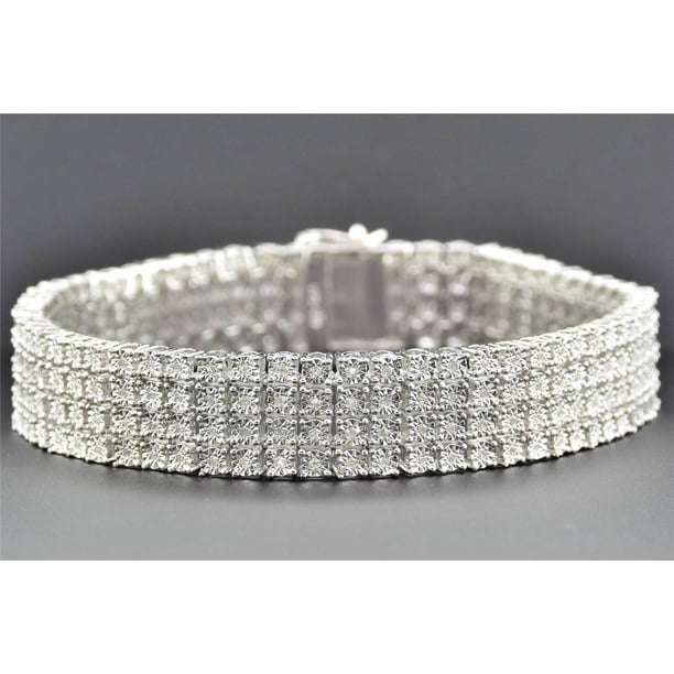 Jewelry For Less 4 Row Diamond Bracelet .925 Sterling Silver Mens